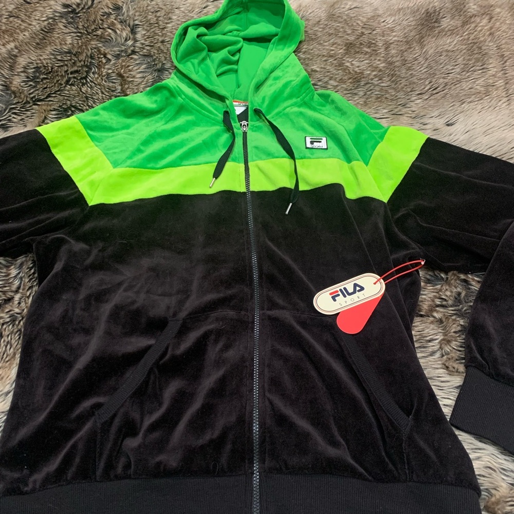 Fila Sport Colorblock Streetwear Velour Track Jacket Black Green Zip -Up Y2K NWT